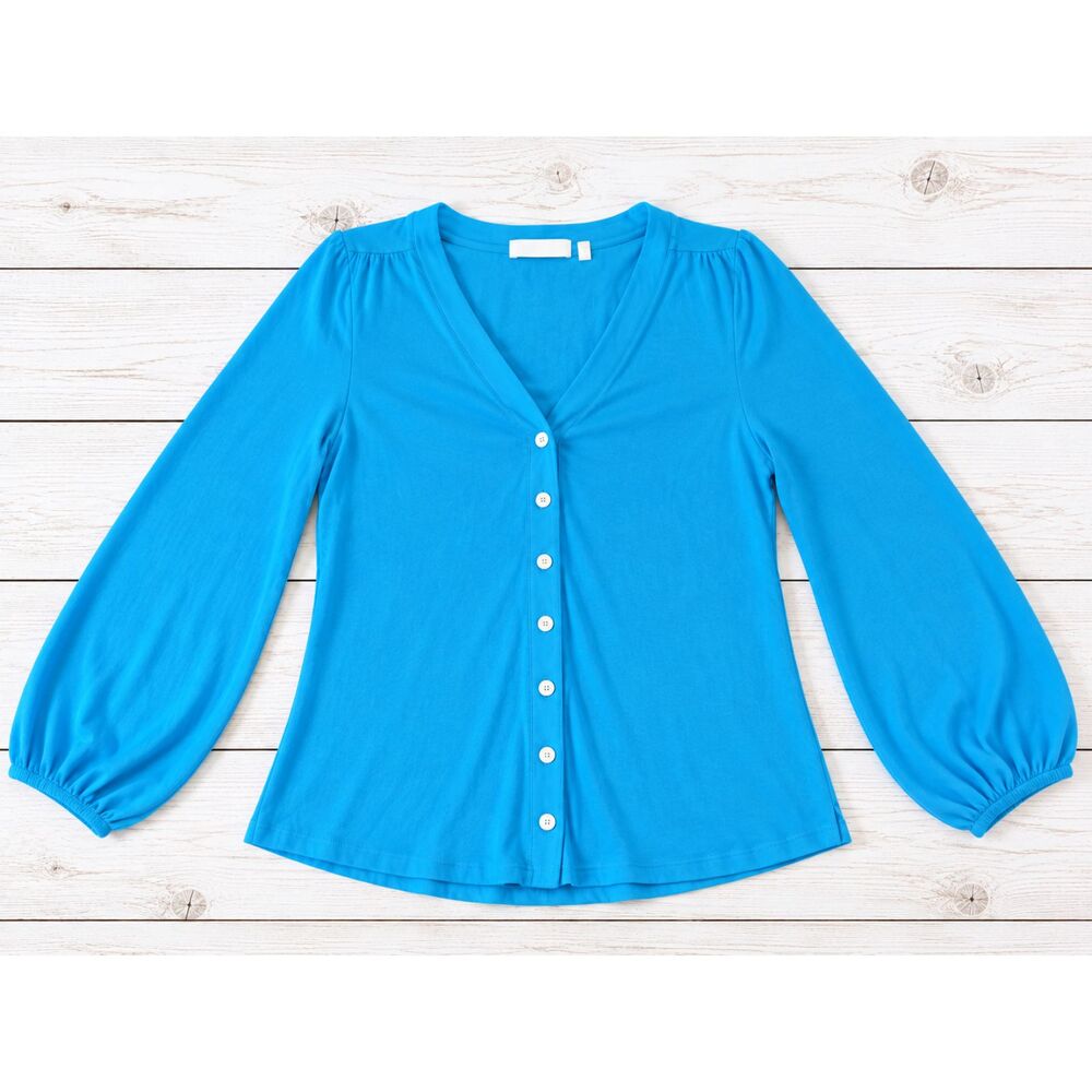Soft Surroundings Blue Cotton Button Front Cardigan Sweater Petite Medium -4826